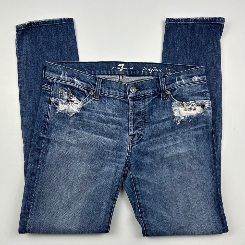7 For All Mankind Josefina Skinny Boyfriend Jean Studded Distressed Blue Size 27